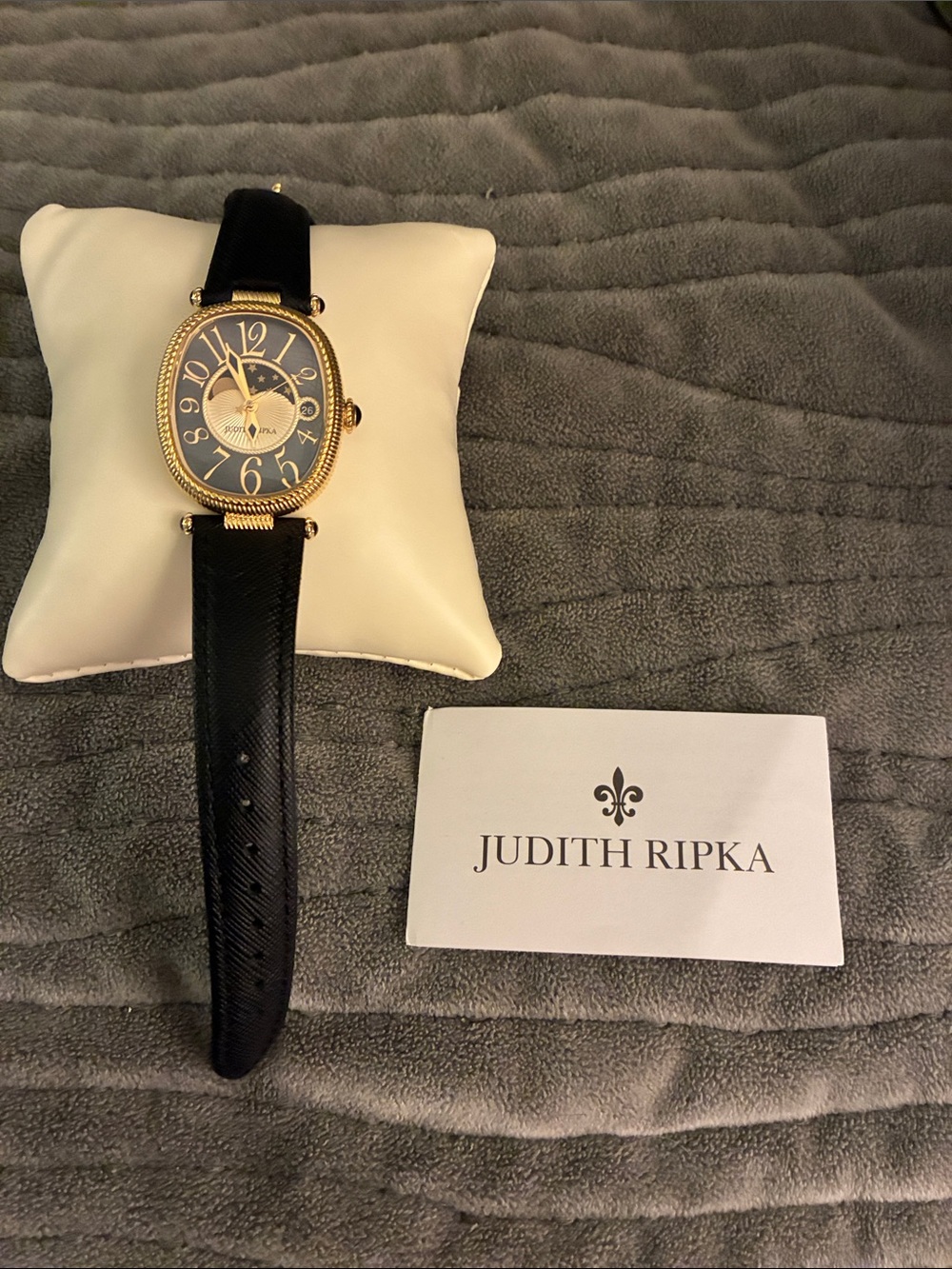 Judith Ripka Black Strap Gold-Tone Dial Moonphase Watch